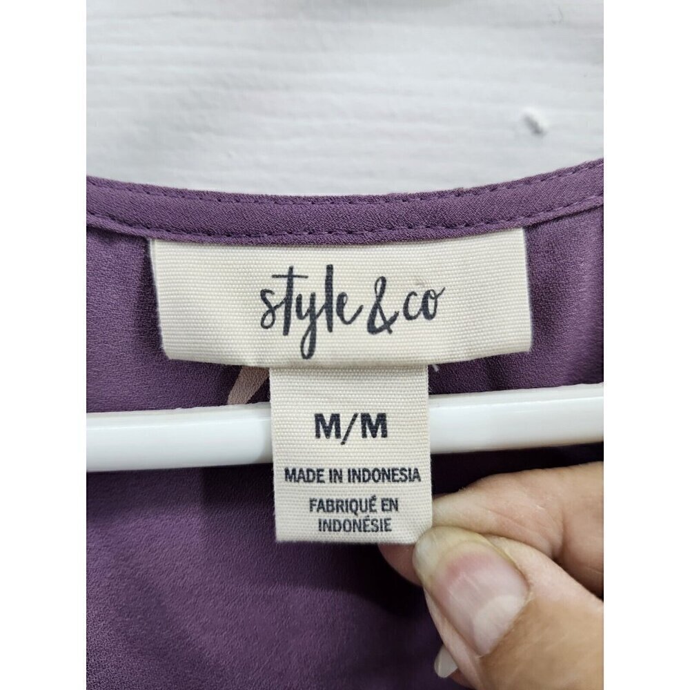 Style & Co Purple Pleated V-neck Blouse Bell Sleeve Medium - Picture 4 of 6